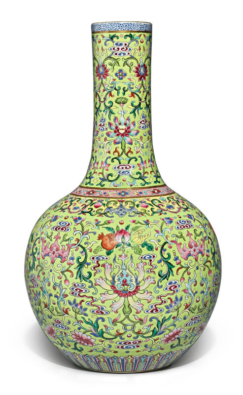 A famille-rose lime-green ground 'Floral' bottle vase, Jiaqing seal mark and period (1796-1820)