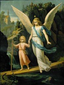 l'ange gardien conduit un enfant sur un pont, anonyme (1900), icones orthodoxes