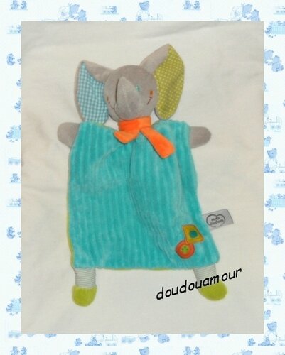 Doudou Peluche Plat Eléphant Bleu Echarpe Orange Mots D'Enfants