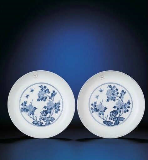 A fine and rare pair of blue and white 'peony' dishes, Yongzheng six-character marks within double-circles and of the period (1723-1735)