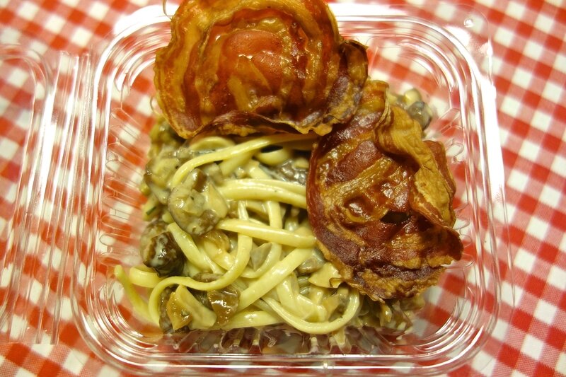 linguine aux châtaignes, champignons de Paris et pancetta