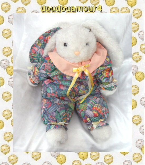 Doudou Peluche Lapin Blanc Corps Tissu Motif Vert Bleu Col Saumon Fleur Jaune Samu Auchan