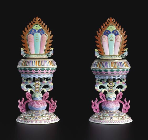 A pair of famille-rose 'flaming pearl' altar ornaments, seal marks and period of Qianlong