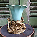 <b>Ancien</b> Vase Coupe Faïence Bleue sur Pied Bronze Décor Cherubins Bacchus Guirlandes XIXème