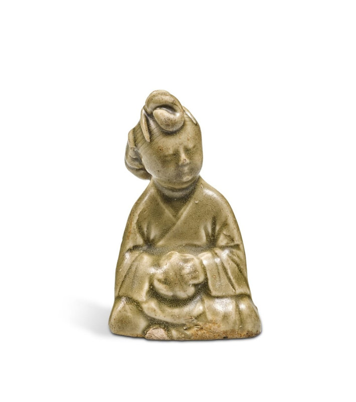 A rare miniature 'Yaozhou' celadon-glazed figure of a lady, Northern Song-Jin dynasty (960-1234)