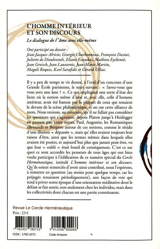 L'homme intérieur et son discours, 4e de couverture