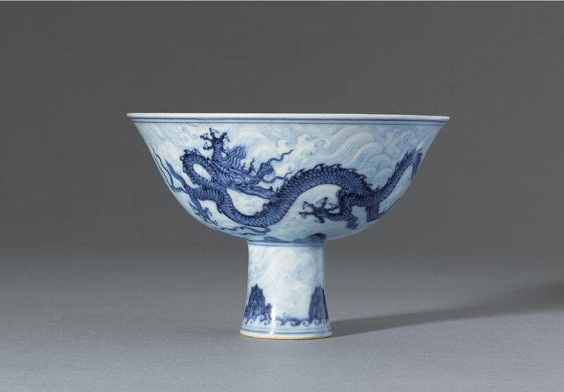 A superb and extremely rare blue and white 'dragon' stembowl, mark and period of Xuande (1426-1435)