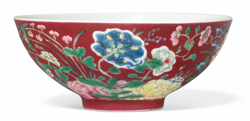 A rare ruby-ground falangcai 'floral' bowl, Yongzheng four-character mark and of the period (1723-1735)