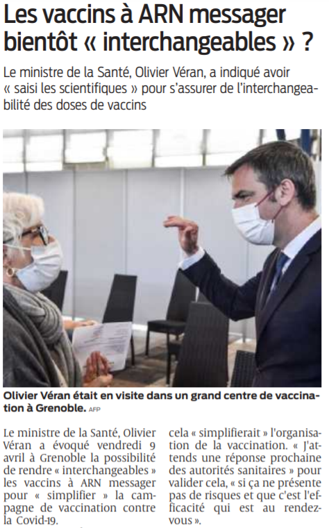 2021 04 10 SO Les vaccins à ARN messager bientôt interchangeables