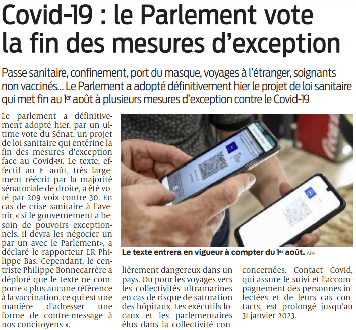 2022 07 27 SO covid 19 le parlement vote la fin des mesures d'exception