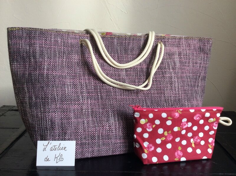 sac cabas elegant en coton de style lin rose aux reflets violet avec sa doublure colorée (2)