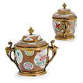 A fine and rare pair of early Louis XV ormolu-mounted Chinese famille rose porcelain covered vases. The ormolu circa <b>1740</b> and st