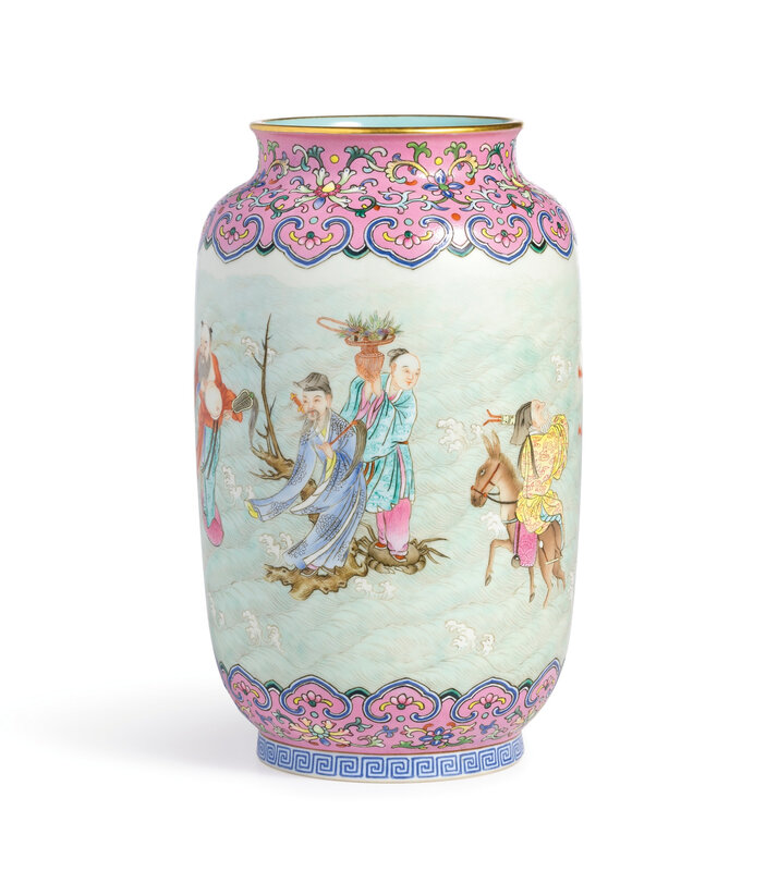 A fine pink-ground famille-rose 'Eight Daoist Immortals' jar, seal mark and period of Qianlong (1736-1795)