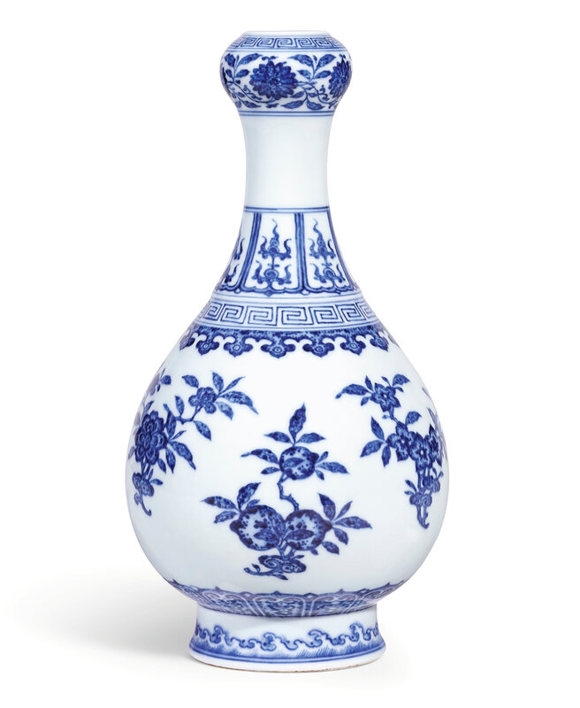 A very fine blue and white ‘Flower and Fruit’ garlic-mouth bottle vase, seal mark and period of Qianlong (1736-1795)