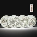 A set of four rare grisaille and pale iron-red-decorated <b>deep</b> <b>dishes</b>. De Cheng Zhai Zhi four-character hall marks in iron-red