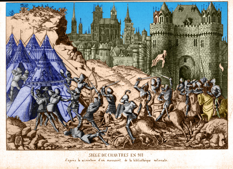 911 Siège de Chartres – Rollon, chef des Normands contre l'évêque Gantelme, Richard, duc de Bourgogne et Eble, comte de Poitou