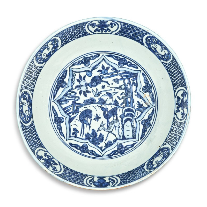 A large blue and white 'monkey and deer' dish, 16th-17th century