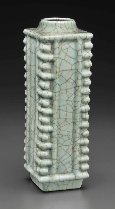 A Guan-type faceted cong-form vase, Guangxu six-character mark in underglaze blue and of the period (1875-1908)