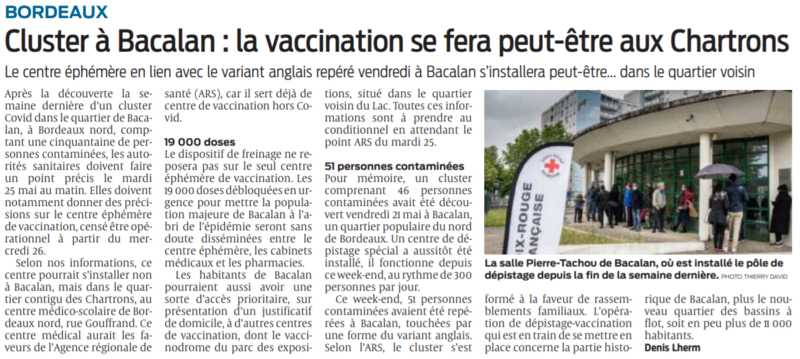 2021 05 25 SO Cluster à Bacalan la vaccination se fera peut-être aux Chartrons
