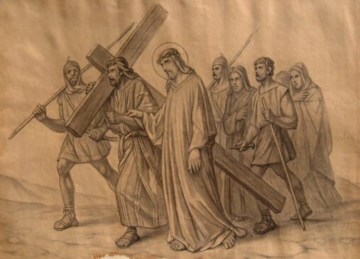 Simon de Cyrène porte la croix du Christ