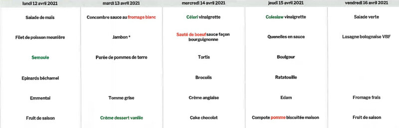 menus du 12 au 16 avril