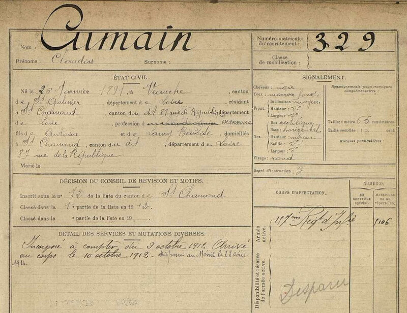 Claudius Cumain, fiche matricule