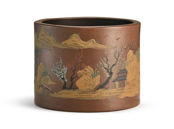 An Yixing stoneware slip-decorated 'landscape' brushpot, by Huang Yulin, Late Qing dynasty