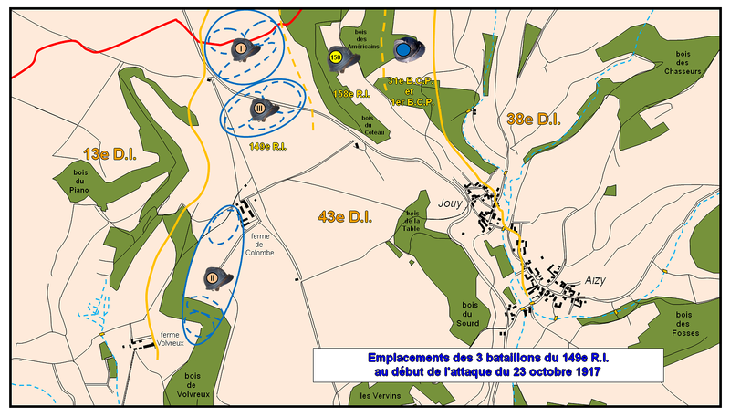 Carte 1 emplacements des 3 bataillons du 149e R