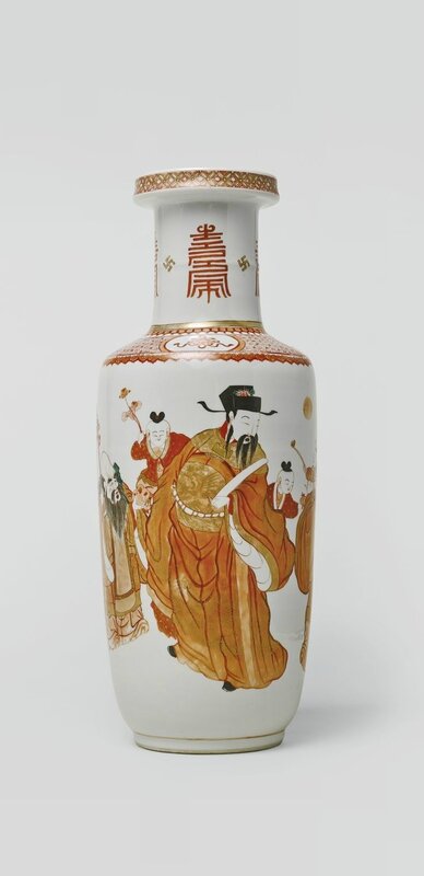 A rare and important iron-red and gilt rouleau vase, Qing dynasty, Kangxi period