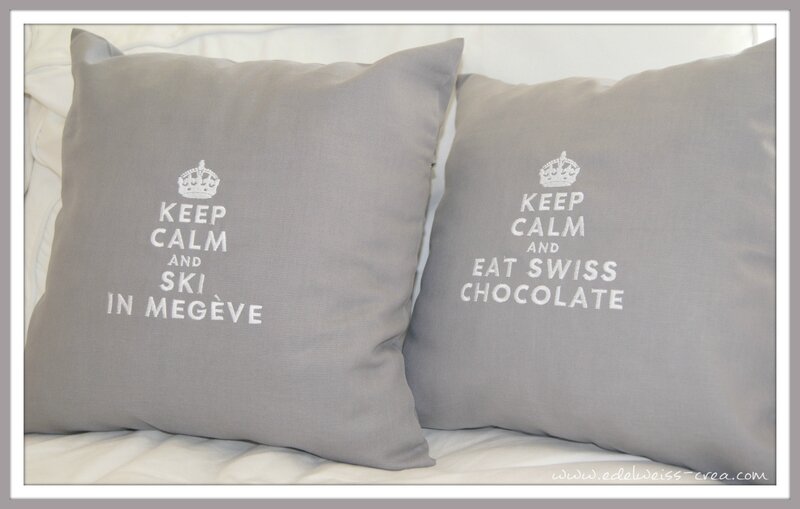 Housses de coussin brodées - Keep Calm and ski in Megeve - Keep Calm and eat swiss chocolate