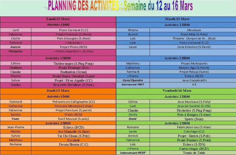 ALae Planning des activites du 12 au 16 mars 2018