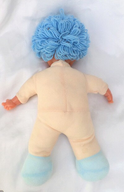 Poupée Doudou Chiffon Tête Et Mains Plastique Cheveux Laine Bleu Vintage36 cm