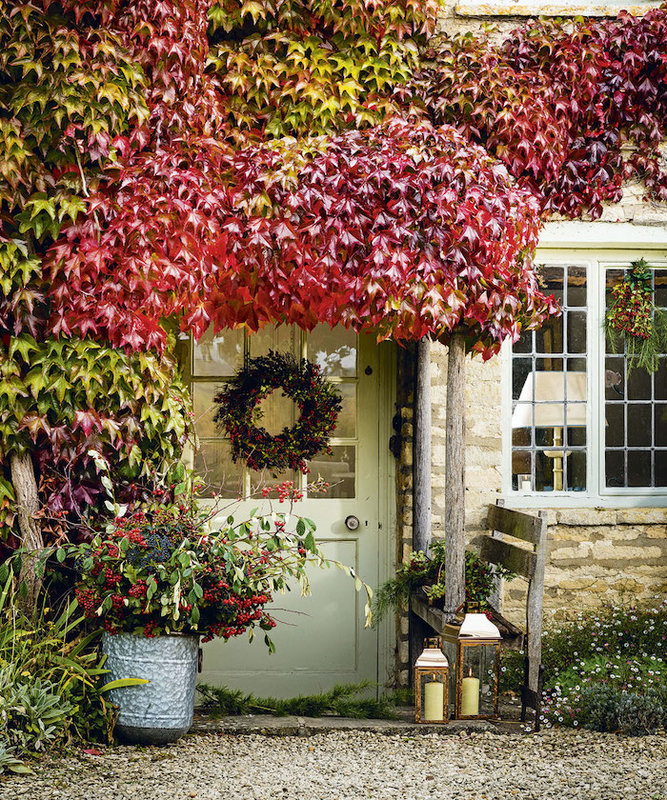 idee-deco-noel-exterieur-naturel-avec-des-arbres-une-courrone-a-la-porte-et-chaise-en-bois-devant-la-maison