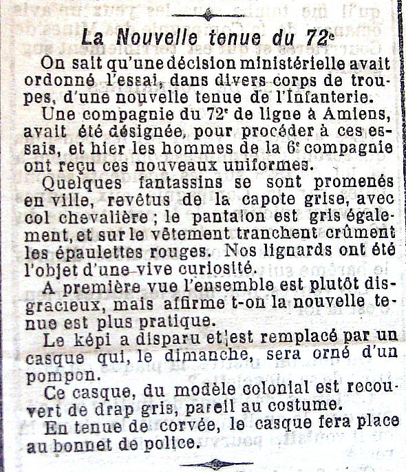 article 24 mai 1906 nouvel uniforme 72e RI amiens