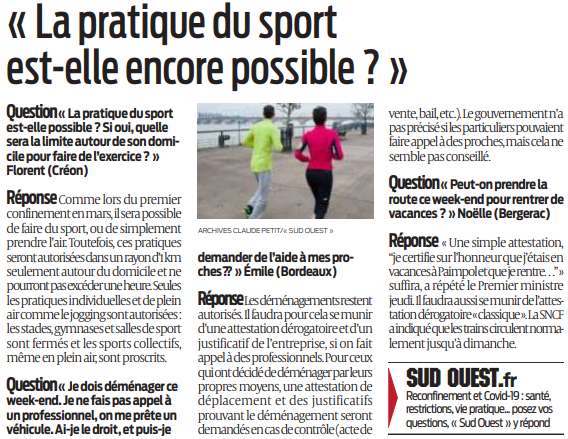 2020 10 31 SO La pratique du sport est-elle encore possible