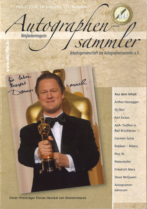 Magazine allemand, Autographen sammler (Collectionneur d'Autographes), article sur S