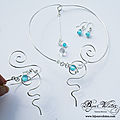  Parure de bijoux de mariée, en fil argenté avec perle <b>bleu</b> <b>turquoise</b>