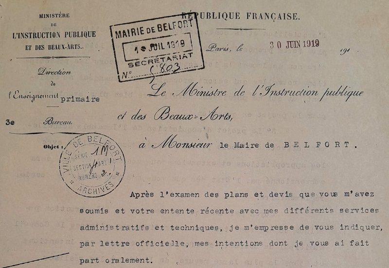 1919 06 30 Courrier Ministre à Maire p1R