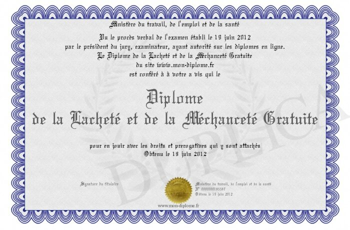 700-165567-Diplome de la Lacheté et de la Méchanceté Gratuite