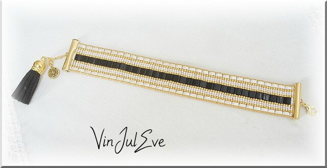 bracelet Loom Tilas noir beige or 2