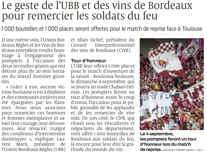 2022 07 27 SO le geste de l'ubb et des vins de bordeaux pour remercier les soldats du feu