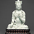 An exceedingly rare <b>Qingbai</b> seated figure of a bodhisattva, Yuan dynasty (1279-1368)