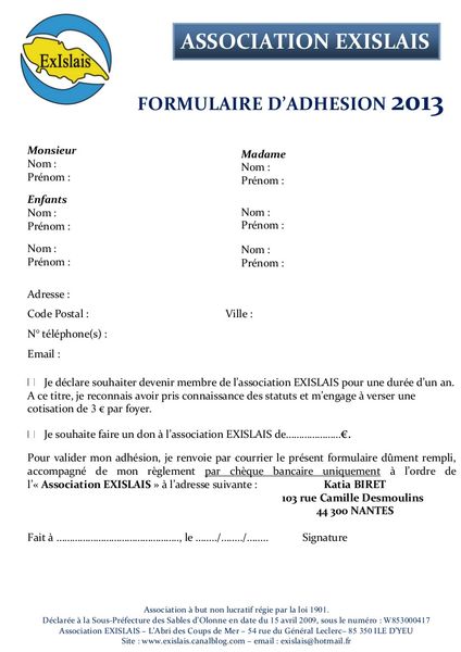 Formulaire adhésion 2013