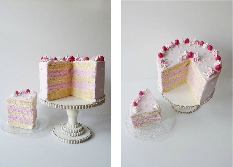 Faux gâteau tranché, framboises
