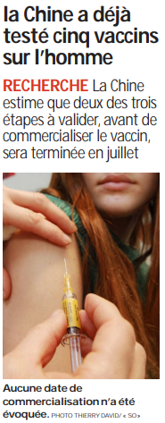 2020 05 16 SO La Chine a déjà testé cinq vaccins sur l'homme