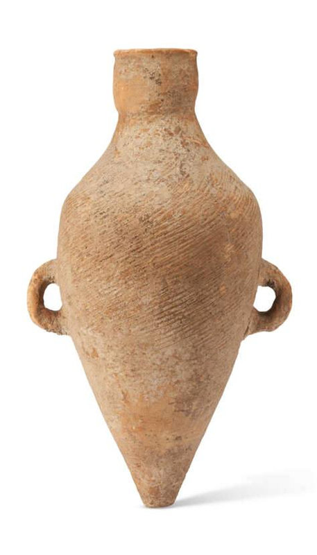 A cord-marked pottery bottle with two handles, Neolithic period, Yangshao culture, Banpo phase, circa 4800-3600 BC