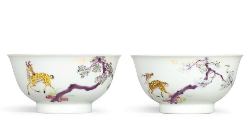 A rare pair of 'famille rose' 'Deer' bowls, marks and period of Yongzheng (1723-1735)