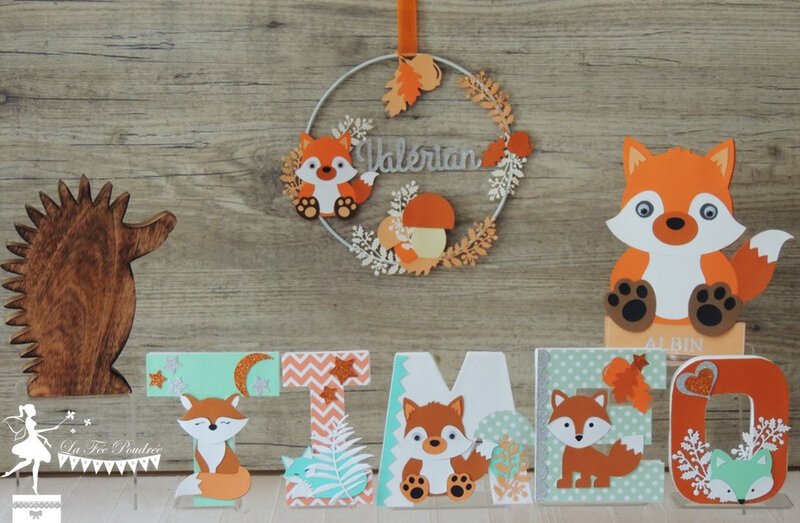 Cercle prénom thème renard animaux forêt orange vert pastel blanc cadeau naissance personnalisé lettre sujet bois2