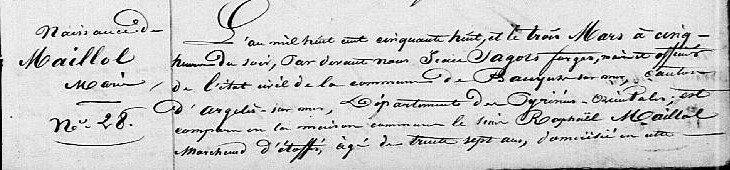 Acte de naissance de MAILLOL Marie (1) - ADPO - Série 2E285 - Commune de Banyuls-sur-Mer - Registre d'état civil années 1858-1862 - Page 9 - Acte n° 28 de l'année 1858