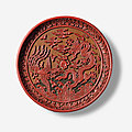 An imperial polychrome lacquer carved 'dragon and phoenix' dish, <b>Wanli</b> mark cyclically dated Yiwei year, corresponding to 1595, 